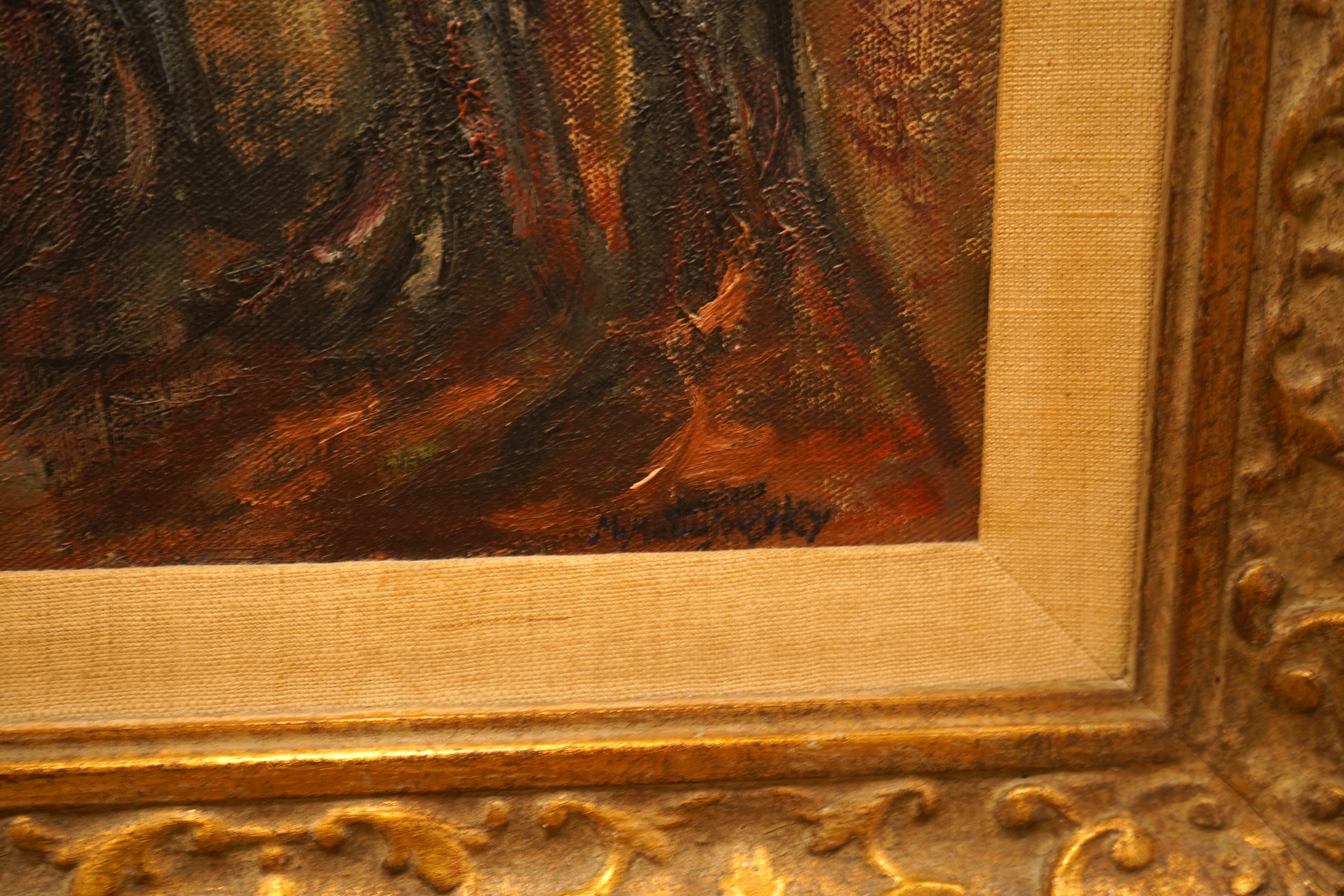 Manner of Marie-Louise von Motesiczky (1906-1996), figure entering a city, bears signature, oil on canvas, ornate framed, 39 x 49cm
